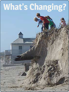 Children on sand undercut by waves